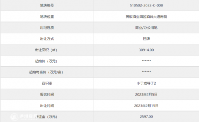 2023年2月15日泸州市挂牌1宗商业/办公用地 起始价12983.88万元